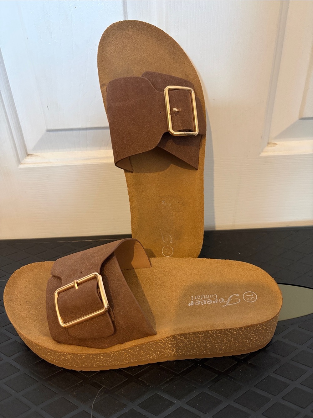 Women's Brown Suede Buckle Slide Sandals - Comfort Footbed